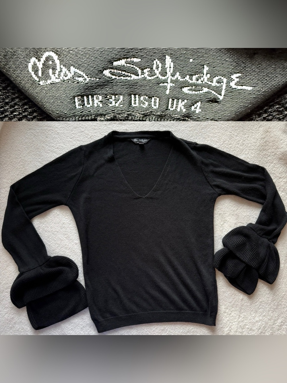 Miss Selfridge Black V-Neck Sweater Double Ruffle Bell Sleeve Knit Top EUR 32 US